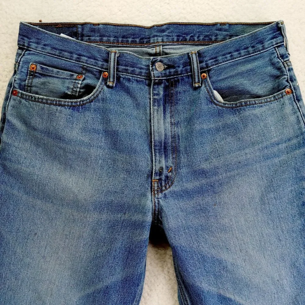 Levis 505 Jeans Mens 38x30 Straight‎ Cotton Denim Medium Wash Worn Cuffs Stains